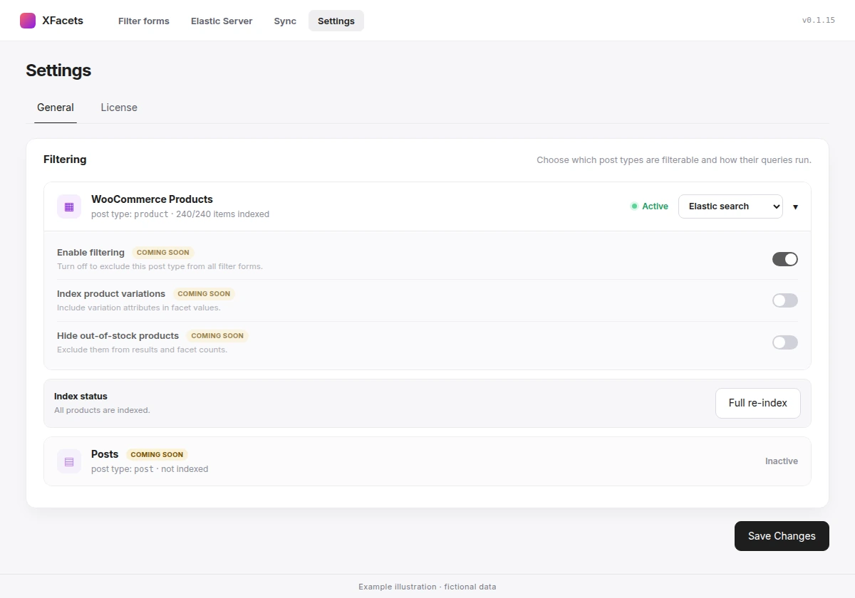 Settings General tab with WooCommerce Products set to Elastic search and three switches marked Coming soon.