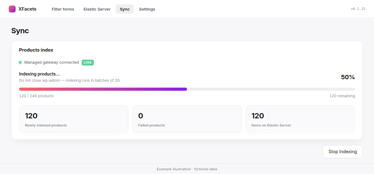 Sync screen indexing products with a progress bar and a Stop Indexing button.