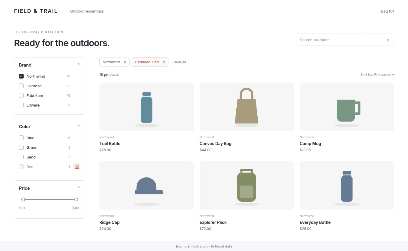 Example storefront with a filter sidebar, active filter chips and a product grid.