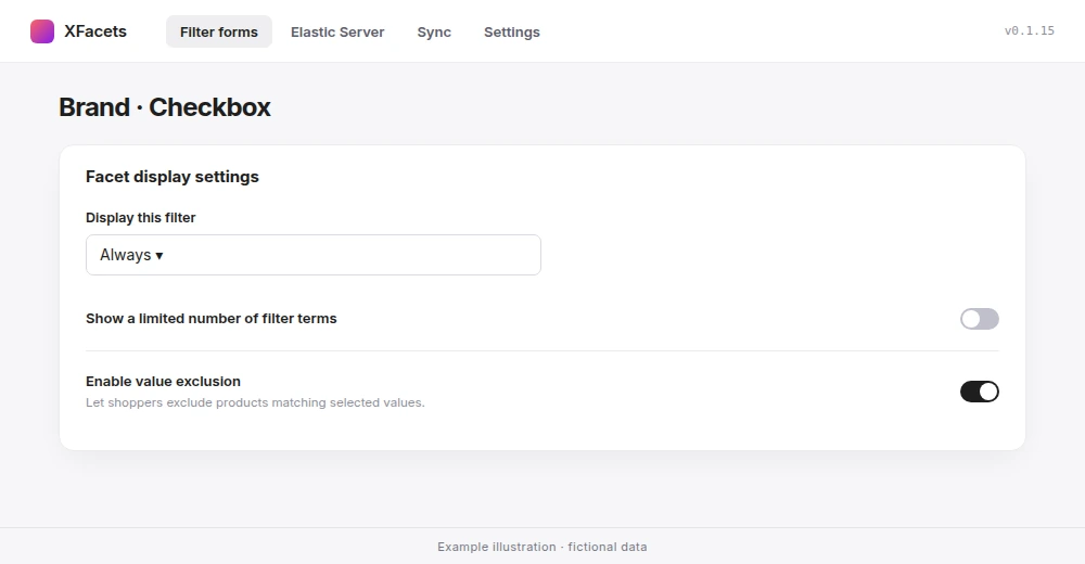 Facet display settings with the Enable value exclusion switch turned on.