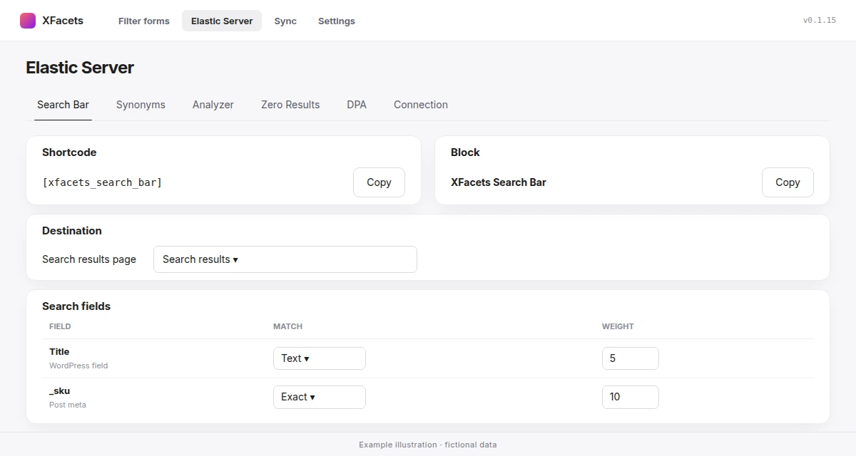 Elastic Server Search Bar tab with the results page and a list of search fields.
