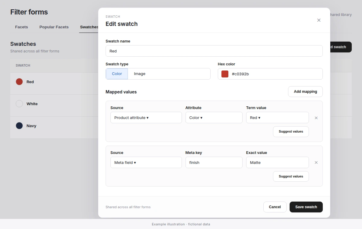 Swatches tab with the swatch editor mapping a color to an attribute term and a meta value.