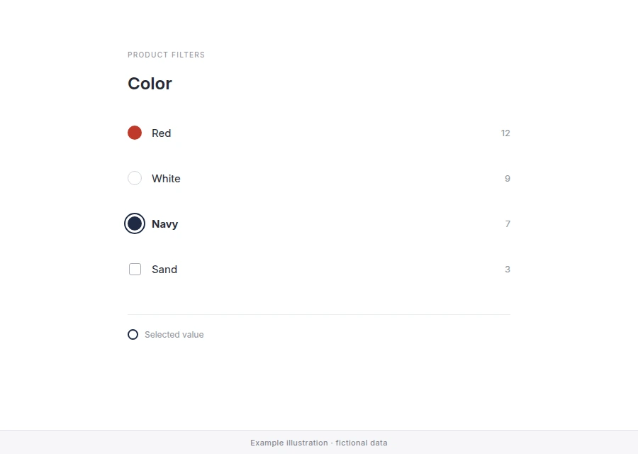 Color filter showing color swatches beside value names and counts, with one value selected.
