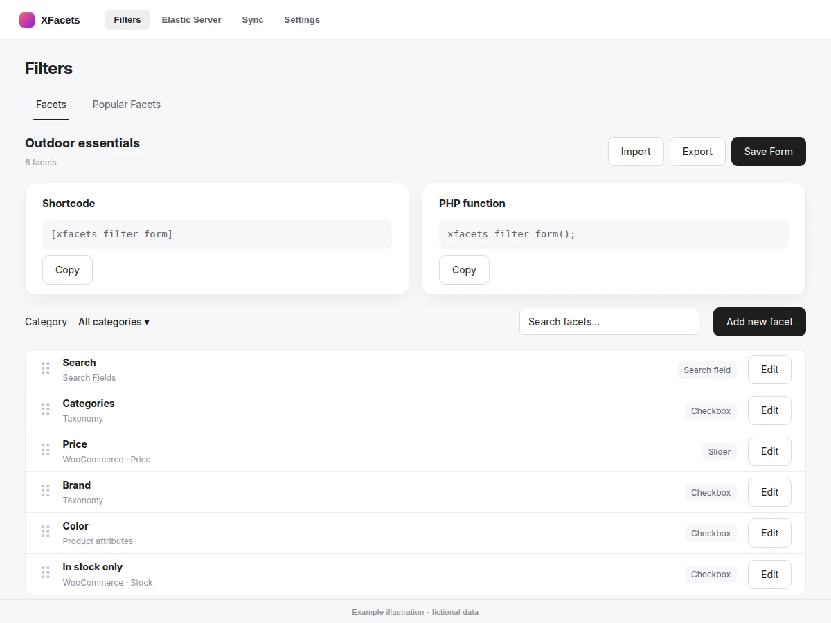 Filters screen listing facets with their sources and types, and the shortcode.