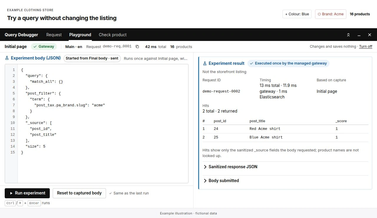 Playground with an Acme query and two returned products, while the storefront capture still shows 16 products.