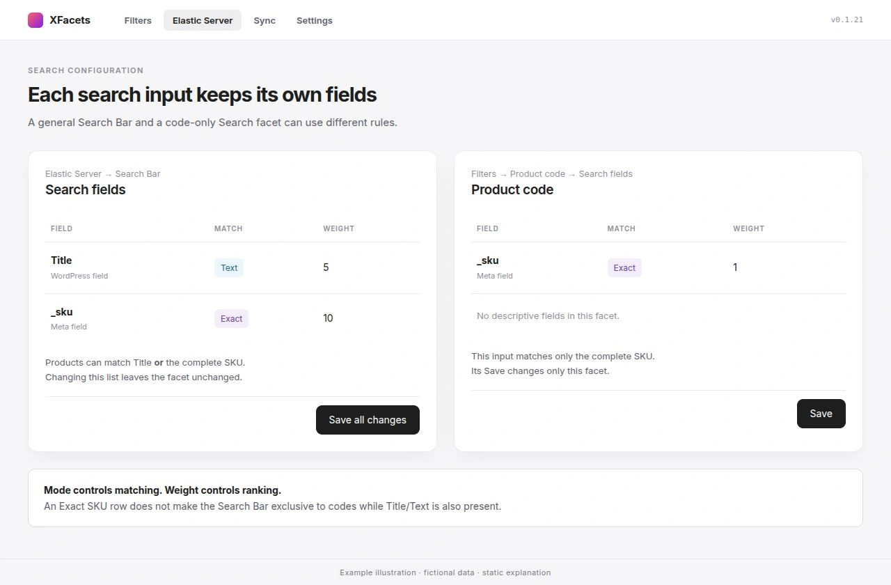 Search Bar fields with Title Text and SKU Exact beside a Search facet with only SKU Exact.